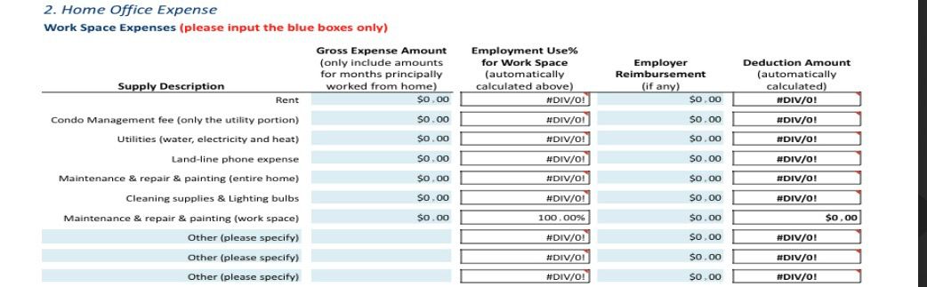 home office expenses table